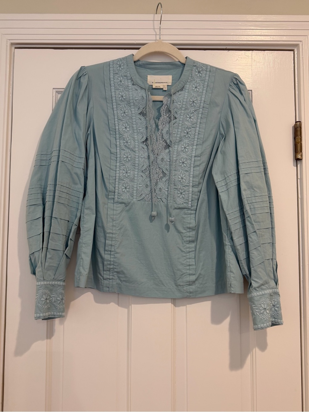 Anthropologie Powder Blue Embroidered Peasant Top
